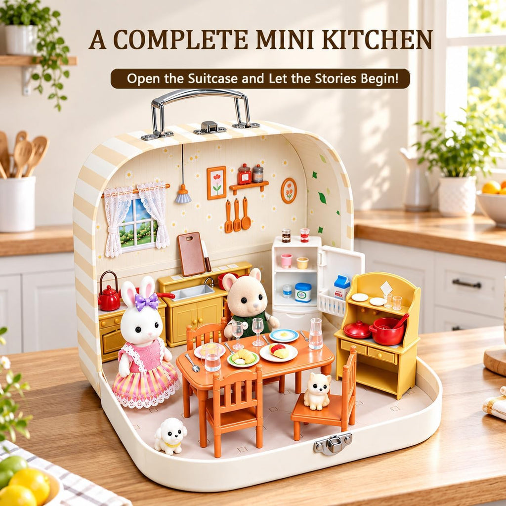 Juego de maletas de muebles de cocina para niños, 2 muñecas flexibles de
