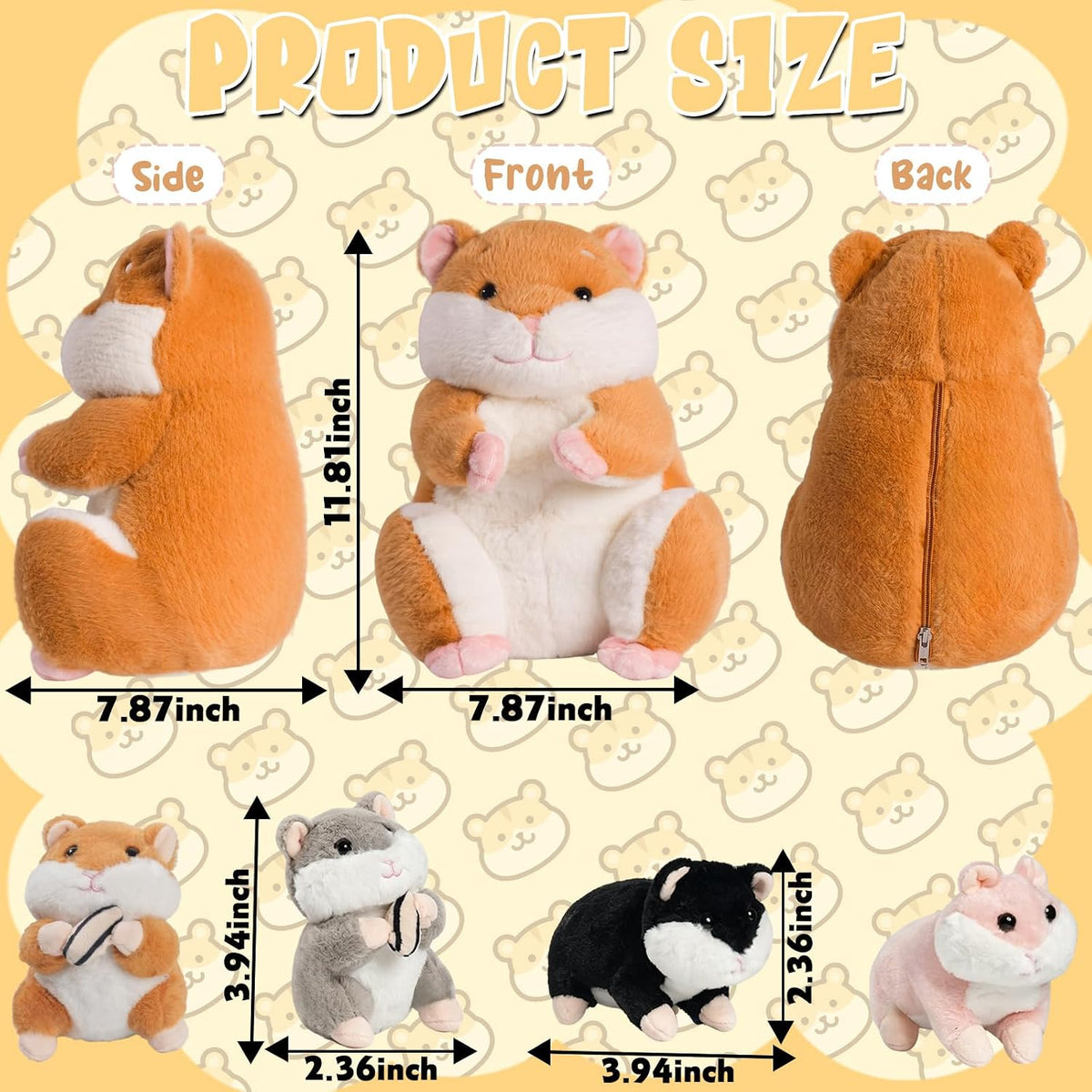 Peluche de hámster, 12'' Mamá con 4 hámsteres pequeños de colores