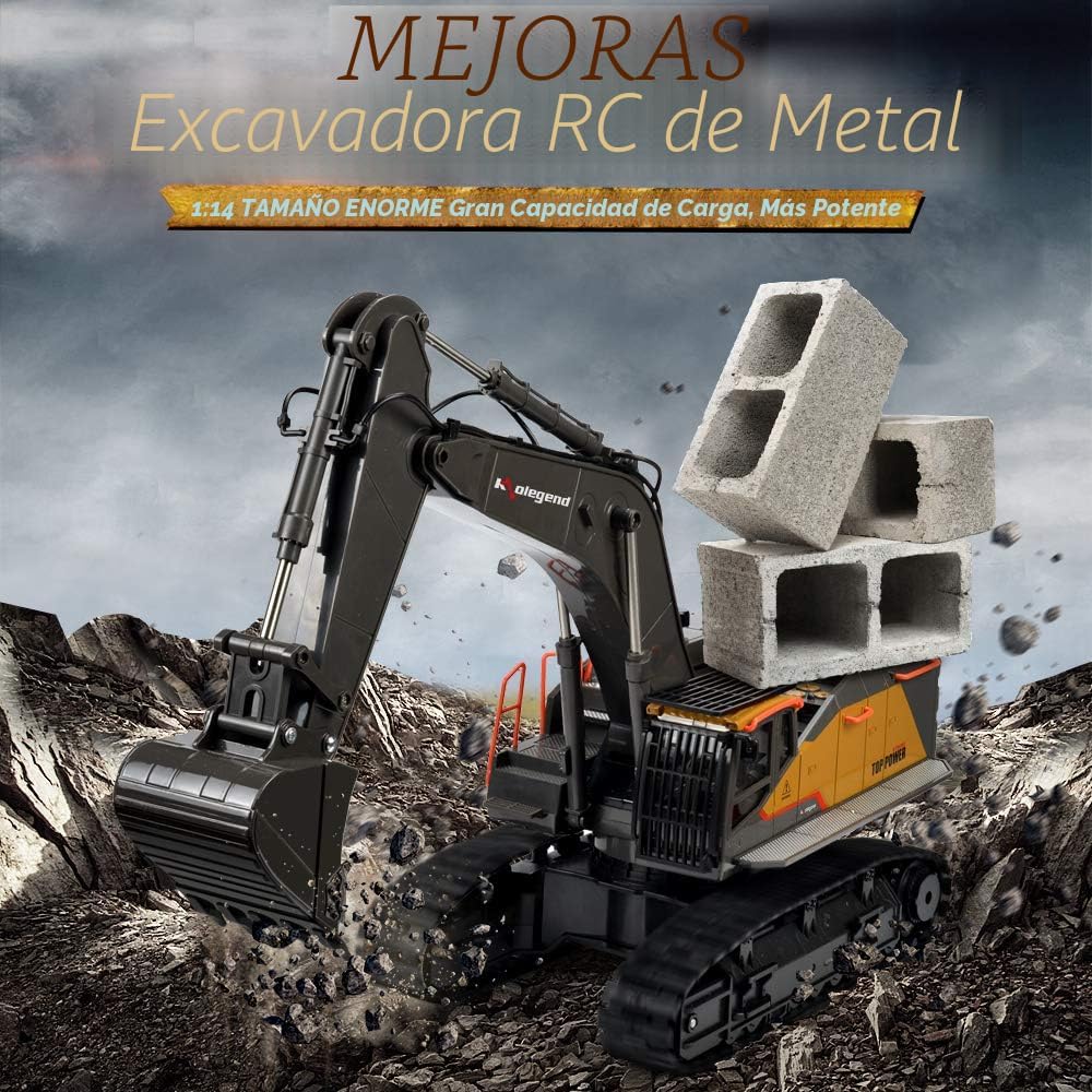 Excavadora de control remoto juguete escala 1/14 excavadora RC, actualización de 22 canales completa funcional construcción vehículos recargable RC camión con pala de metal y luces sonidos