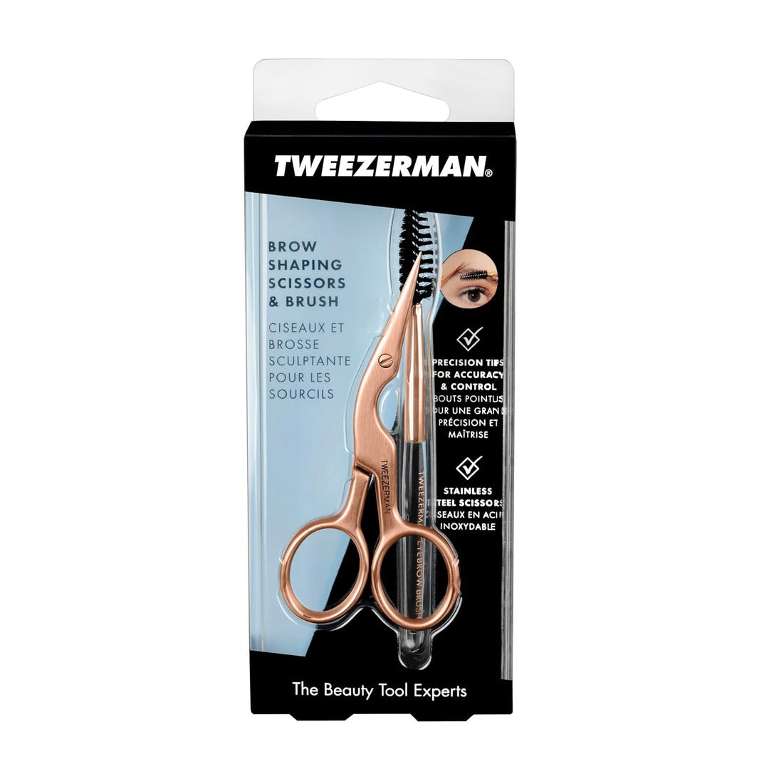 Tweezerman Tijera de cejas y cepillo de cejas de oro rosa