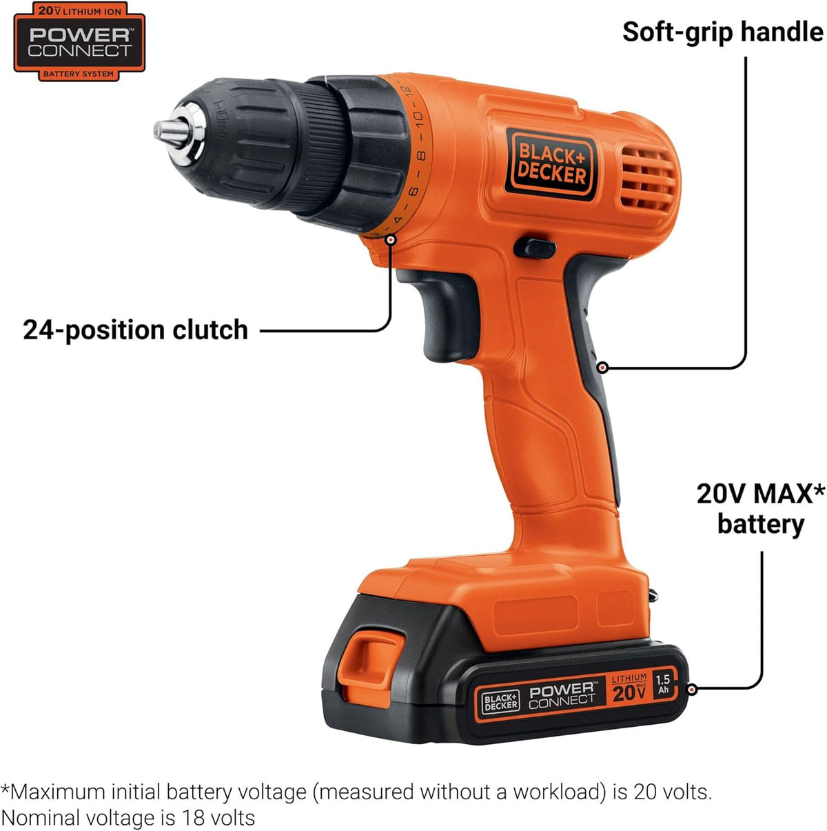 BLACK+DECKER 20V MAX POWERCONNECT - Taladro eléctrico inalámbrico con juego de brocas de 30 piezas y kit de controladores, batería y cargador incluidos (LD120VA)