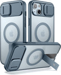 SURITCH Funda para iPhone 15, compatible con MagSafe, soporte integrado y cubierta de cámara y parte trasera translúcida, funda protectora resistente a prueba de golpes de 6.1 pulgadas, azul