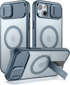 SURITCH Funda para iPhone 15, compatible con MagSafe, soporte integrado y cubierta de cámara y parte trasera translúcida, funda protectora resistente a prueba de golpes de 6.1 pulgadas, azul