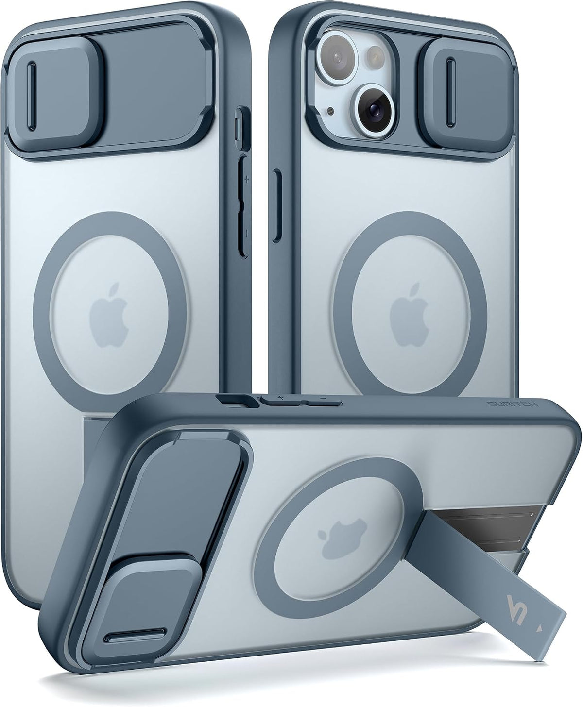 SURITCH Funda para iPhone 15, compatible con MagSafe, soporte integrado y cubierta de cámara y parte trasera translúcida, funda protectora resistente a prueba de golpes de 6.1 pulgadas, azul