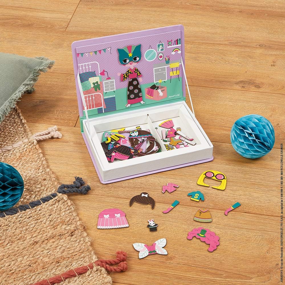 Janod - MagnetiBook Juego de disfraces magnéticos para niña de 55 piezas - Juego creativo - Mejora la creatividad y las habilidades cognitivas - Diseño portátil, aprendizaje STEM, aumenta la confianza