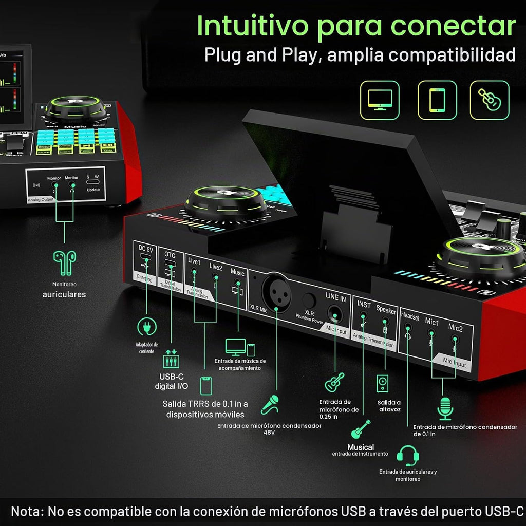 TENLAMP Paquete de mezclador de audio G10 Creator con micrófonos duales