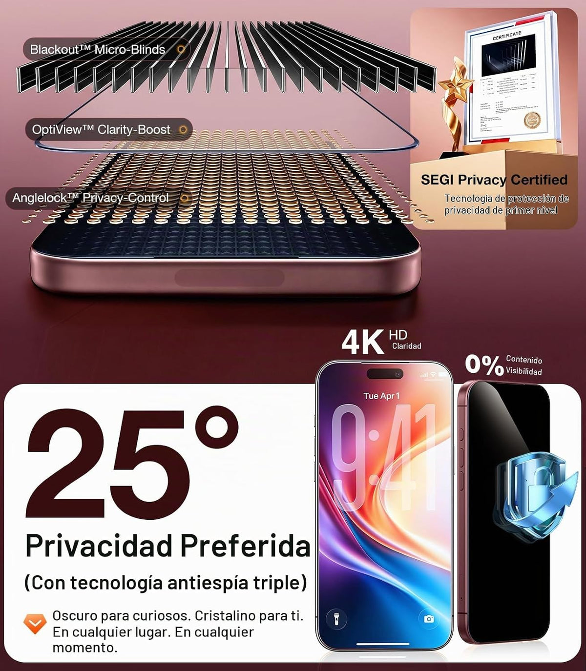 UltraGlass Protector de pantalla de privacidad TOP 9H+ Armor para teléfono