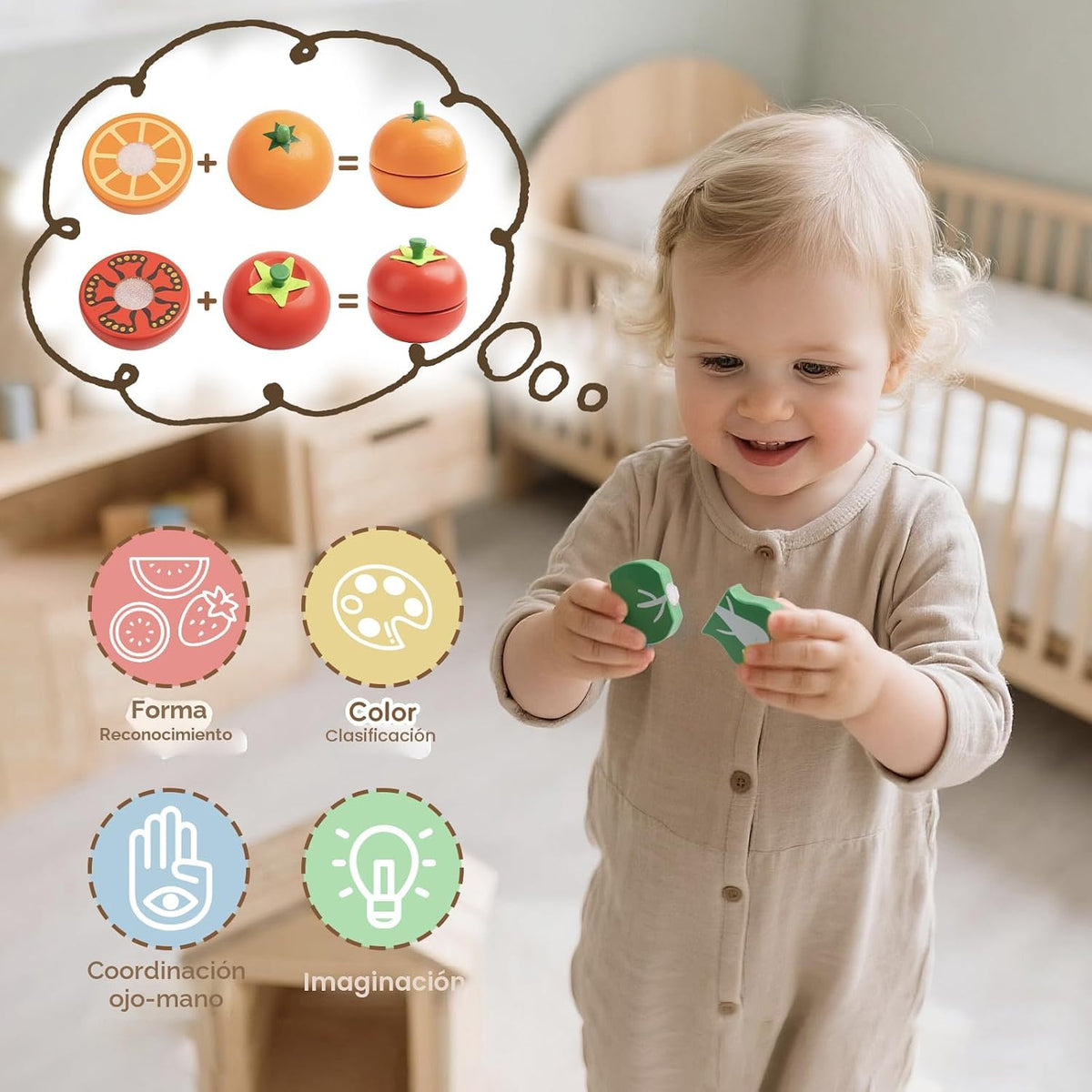 34Pcs Wooden Play Food para Toddlers - Toy Food con Velcro Fruit & Veggies