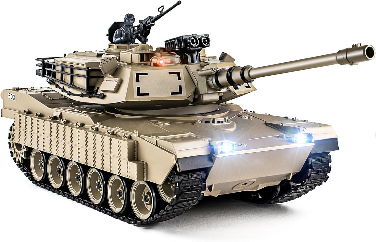 1/18 M1A2 Abrams - Tanque a control remoto de 2.4 G que dispara BBS con humo, sonido y luces, juguete modelo ejército de control remoto de 165 pies, vehículo militar todo terreno para mayores de 8 años