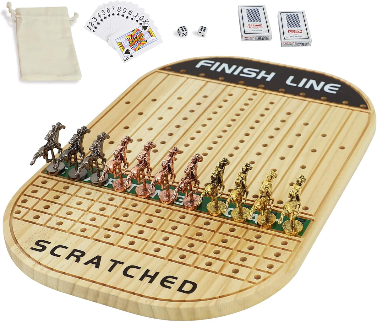 Juego de mesa de carreras de caballos, madera maciza gruesa con 11 lujosos caballos de metal clásicos duraderos con 4 dados y 2 cajas de cartas, juego de carreras de caballos (color de tronco