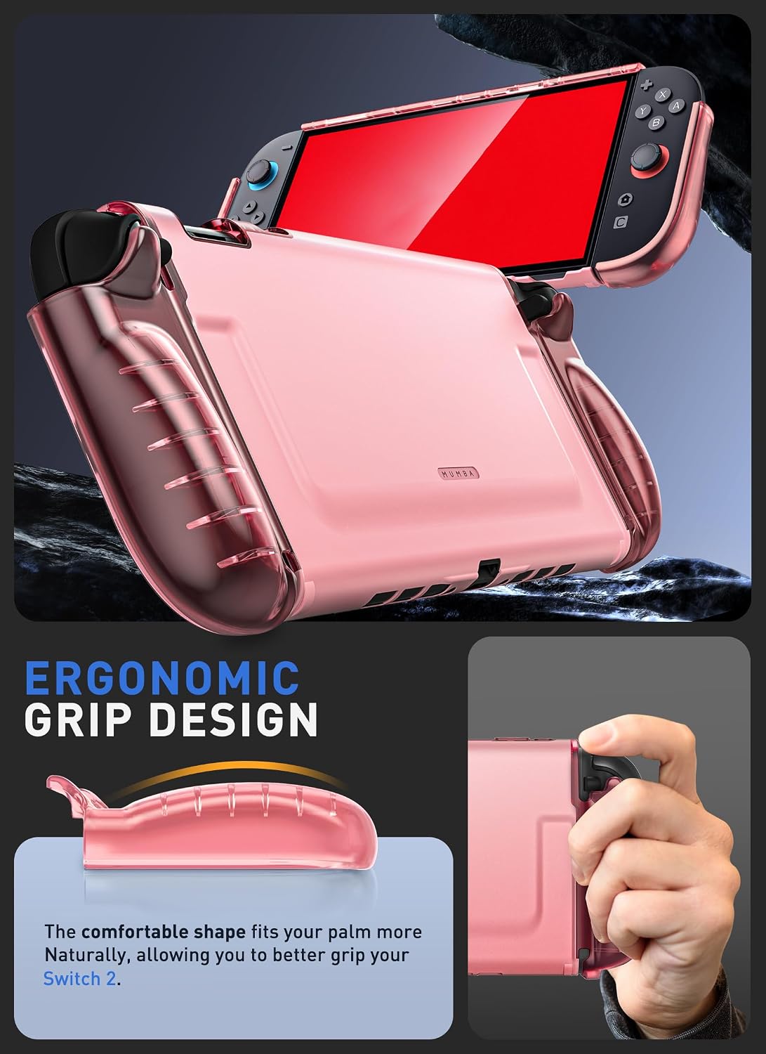 Mumba Funda Desplegable Transparente para Nintendo Switch 2 2025, Protector Cristal con Diseño de Liberación Rápida de Joy-Con y Agarre de TPU Compatible con la Nueva Nintendo Switch 2 de 7.9 Pulgadas (Rosa)