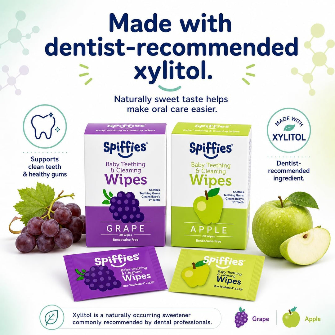 Spiffies - Toallitas de dientes de xilitol para bebés, manzana y uv...