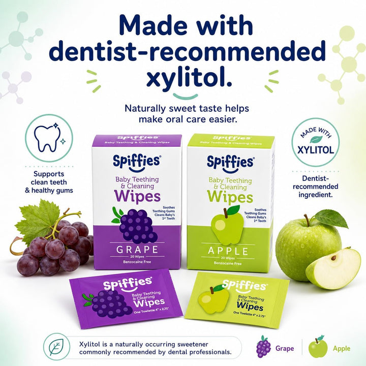 Spiffies - Toallitas de dientes de xilitol para bebés, manzana y uv...