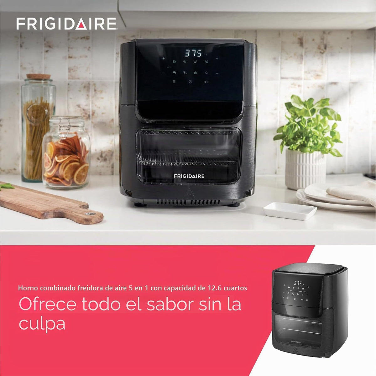 Frigidaire Horno combinado de freidora de aire 5 en 1 con ventana de visualización, gran capacidad de 12.6 QT, pantalla digital, 5 modos de cocción, 7 ajustes preestablecidos de recetas, recordatorio