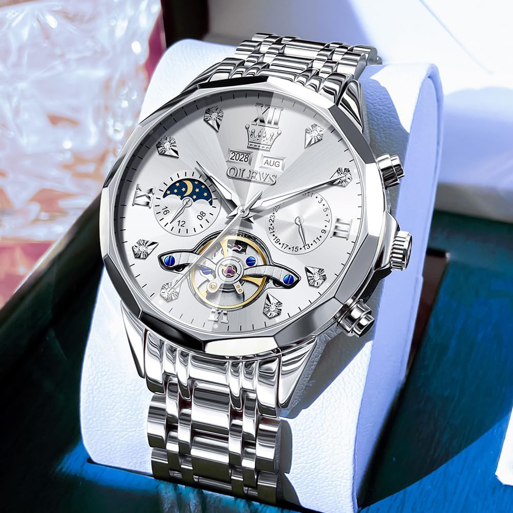 Reloj OLEVS Skeleton para Hombre Automático de Negocios Lujo con Diamante, Reloj Automático de Carga, Reloj de Pulsera con Calendario de Acero Inoxidable