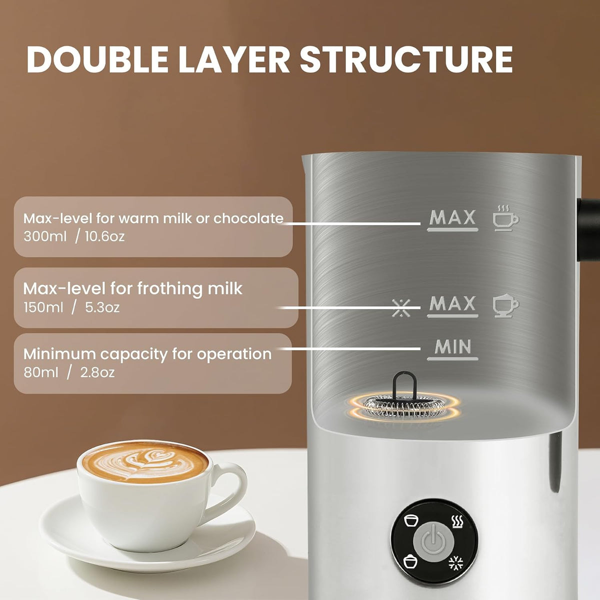 Espumador eléctrico de leche 4 en 1, espuma fría caliente, 10.6