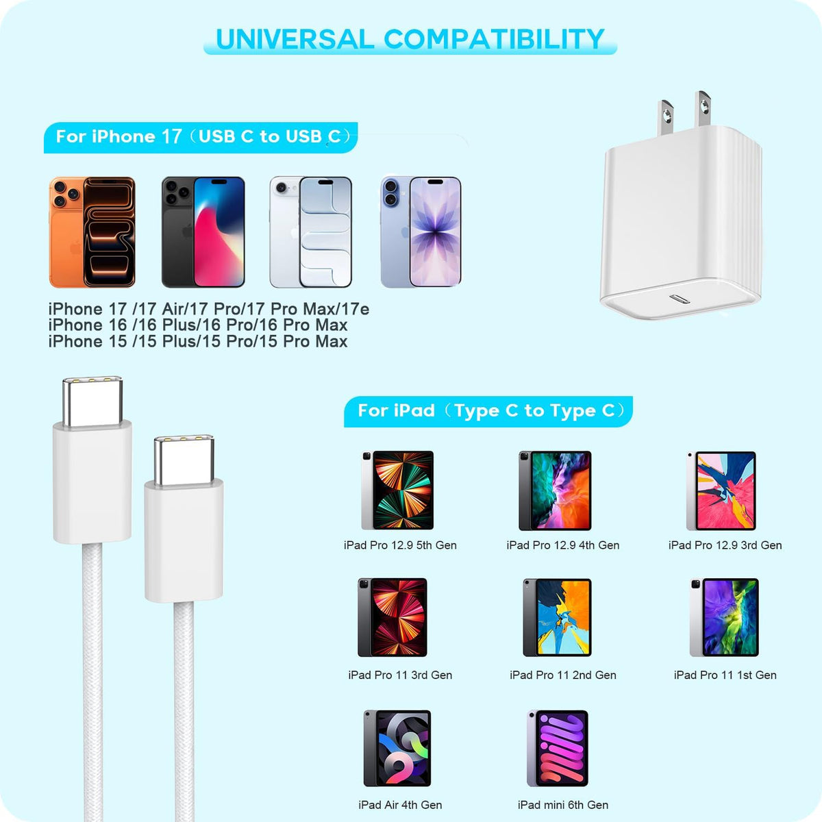 Cargador rápido para iPhone 18 17 16 15, paquete de 3 unidades USB C iPad carga PD bloque de carga rápida 6 pies de largo USBC a tipo C i cable de carga de teléfono para iPhone Duo/18 Pro/17 Air/Pro
