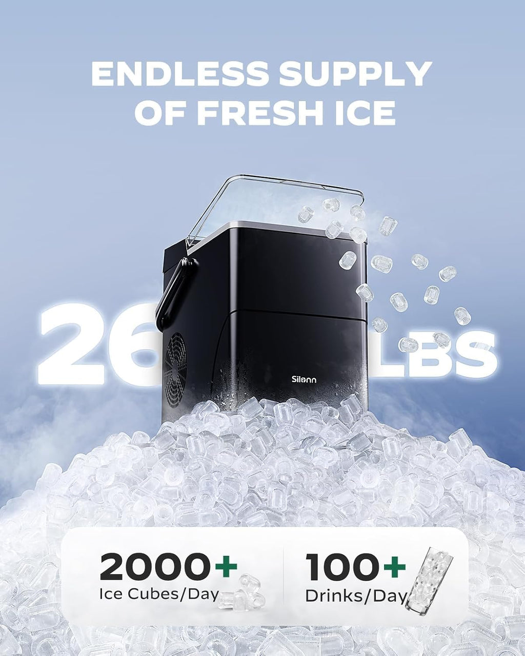 Silonn Máquina de hielo para encimera con cesta de hielo expandible de 2.5 L y tanque de agua de 1.8 L, 9 balas de hielo en 6 minutos, máquinas de hielo portátiles, control táctil LED, autolimpieza, 2