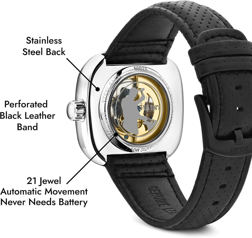 Stauer Reloj automático de esqueleto cuadrado para hombre, funda de cojín plateada de 1.732 pulgadas, esfera negra de corazón abierto, movimiento mecánico de 21 joyas, correa de cuero