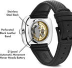Stauer Reloj automático de esqueleto cuadrado para hombre, funda de cojín plateada de 1.732 pulgadas, esfera negra de corazón abierto, movimiento mecánico de 21 joyas, correa de cuero
