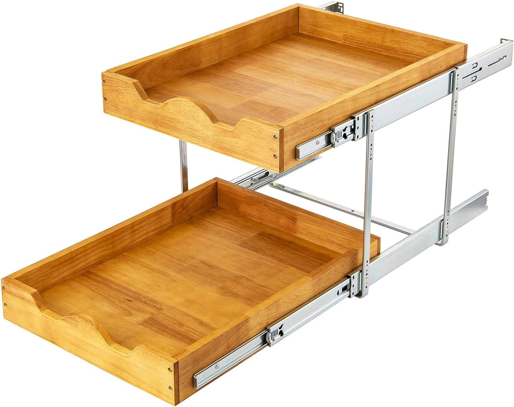 DINDON Organizador de cajones extraíble de 2 niveles (20 pulgadas de ancho x 18 pulgadas de profundidad) Cajón deslizante de madera de doble nivel para almacenamiento y organización debajo del