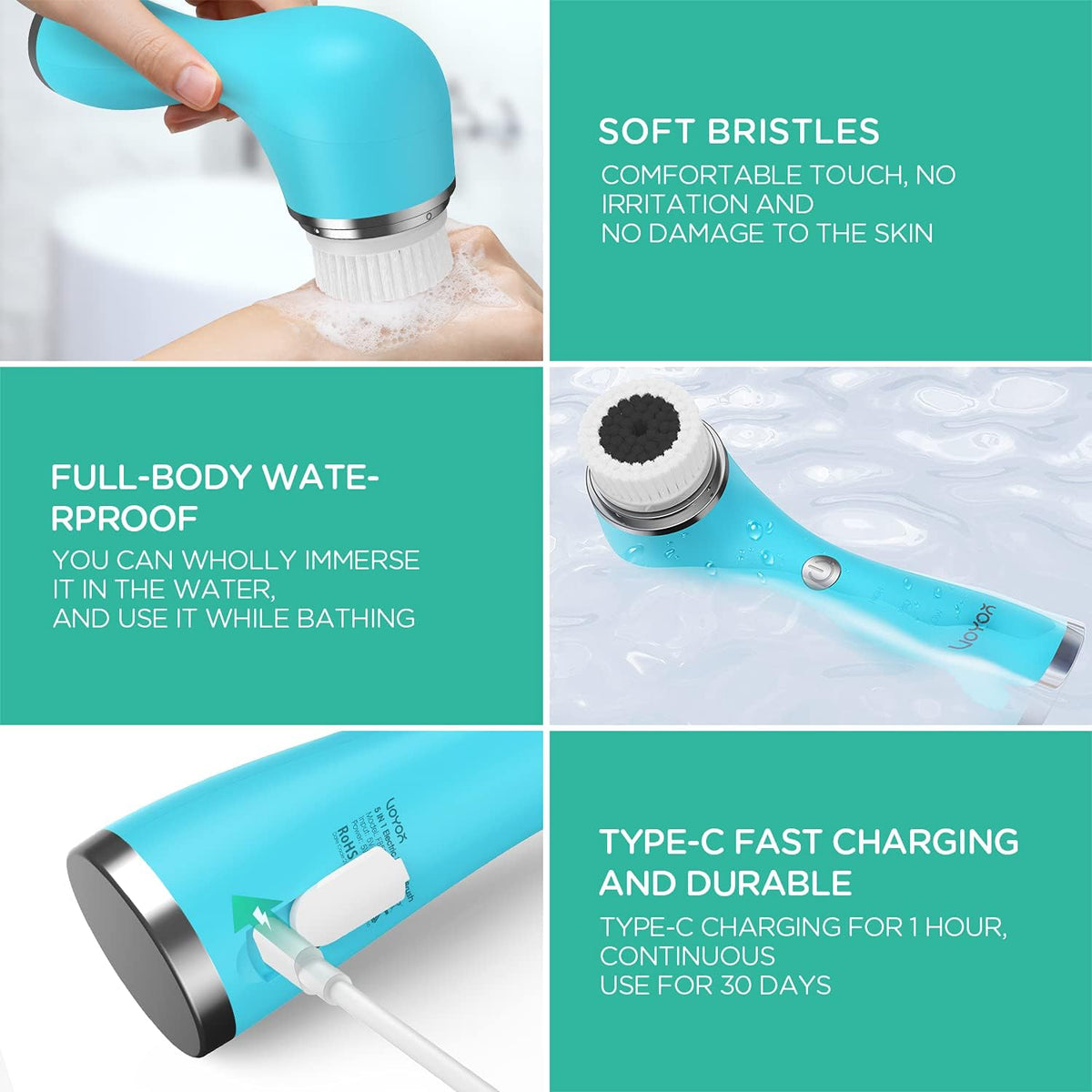 VOYOR Cepillo eléctrico para el cuerpo para la ducha, cepillo de limpieza facial recargable, cepillo giratorio impermeable 5 en 1 para limpieza profunda de la piel