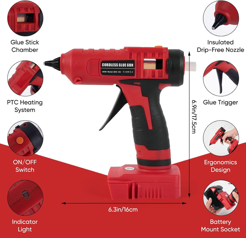 Pistola de pegamento caliente inalámbrica de 100 W para batería Milwaukee M18, kit de pistola de pegamento de calor rápido antigoteo con 20 barras de pegamento de 0.433 × 5.906 in, batería excluida