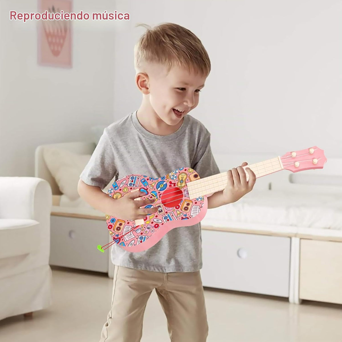 Guitarra ukelele de 21 pulgadas para niños, guitarra de juguete de grafiti con púas, color rosa