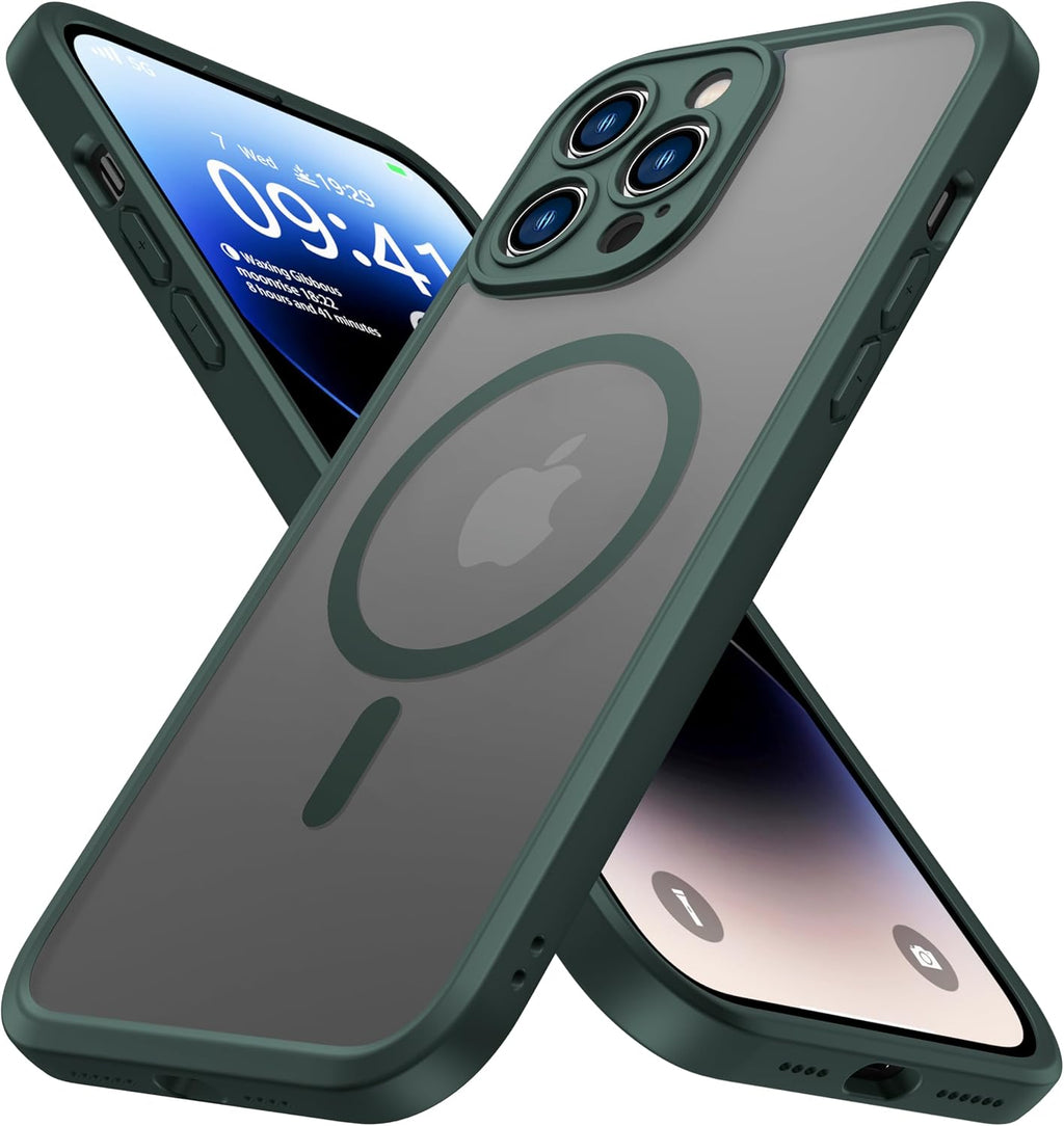 ImpactStrong Protector magnético diseñado para iPhone 14 Pro [protección de cámara] [prueba de caídas de grado militar] [compatible con MagSafe] Funda delgada translúcida mate (6.1 pulgadas), verde