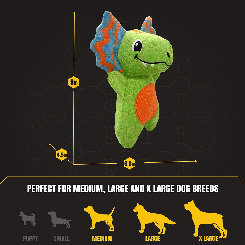 Bite Force - Juguete duradero y fuerte para perros, dinosaurio verde con chirriador, reforzado con Kevlar para masticadores agresivos.