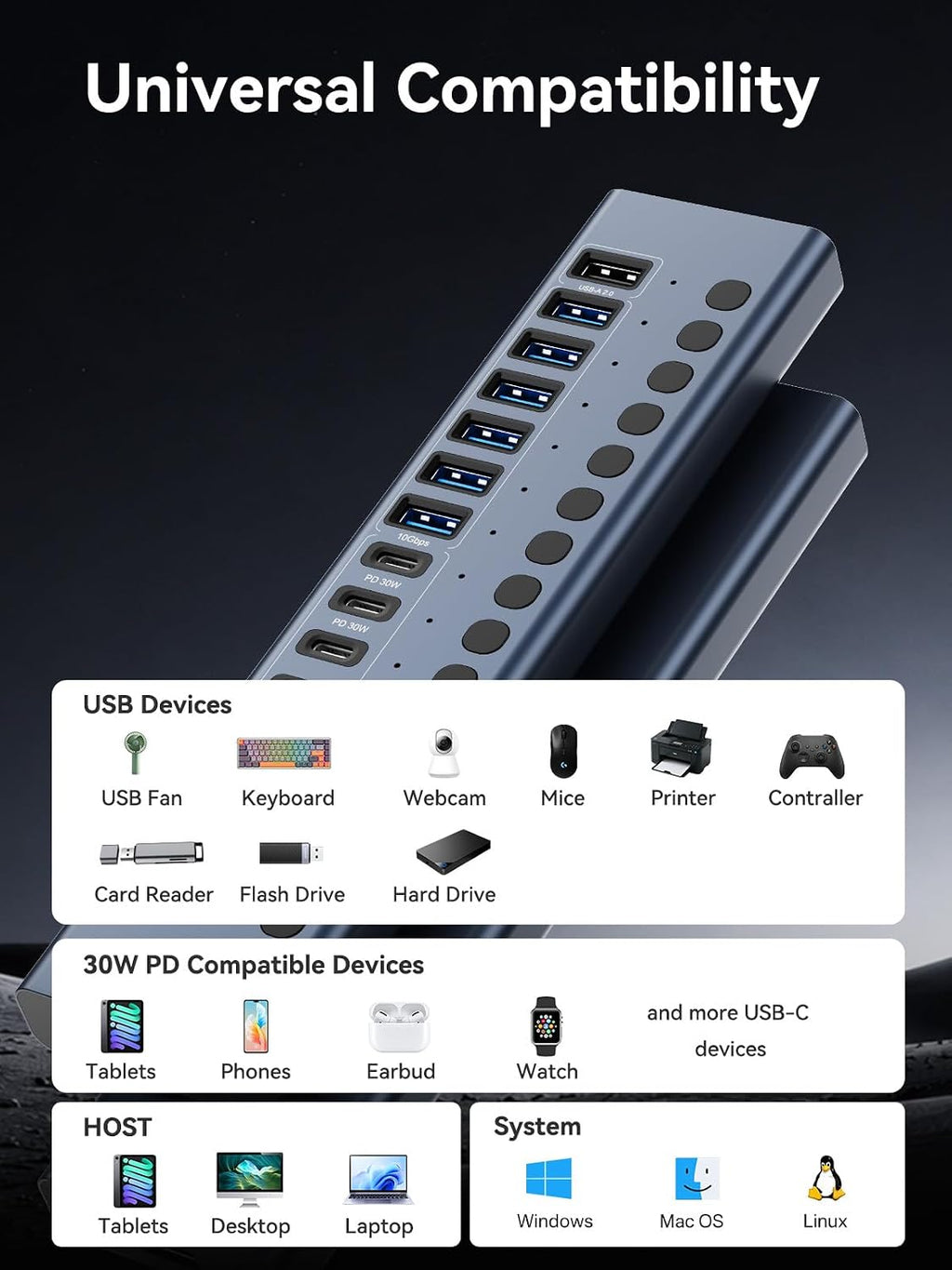 ACASIS, hub USB 3.2 de 8 puertos, alimentado