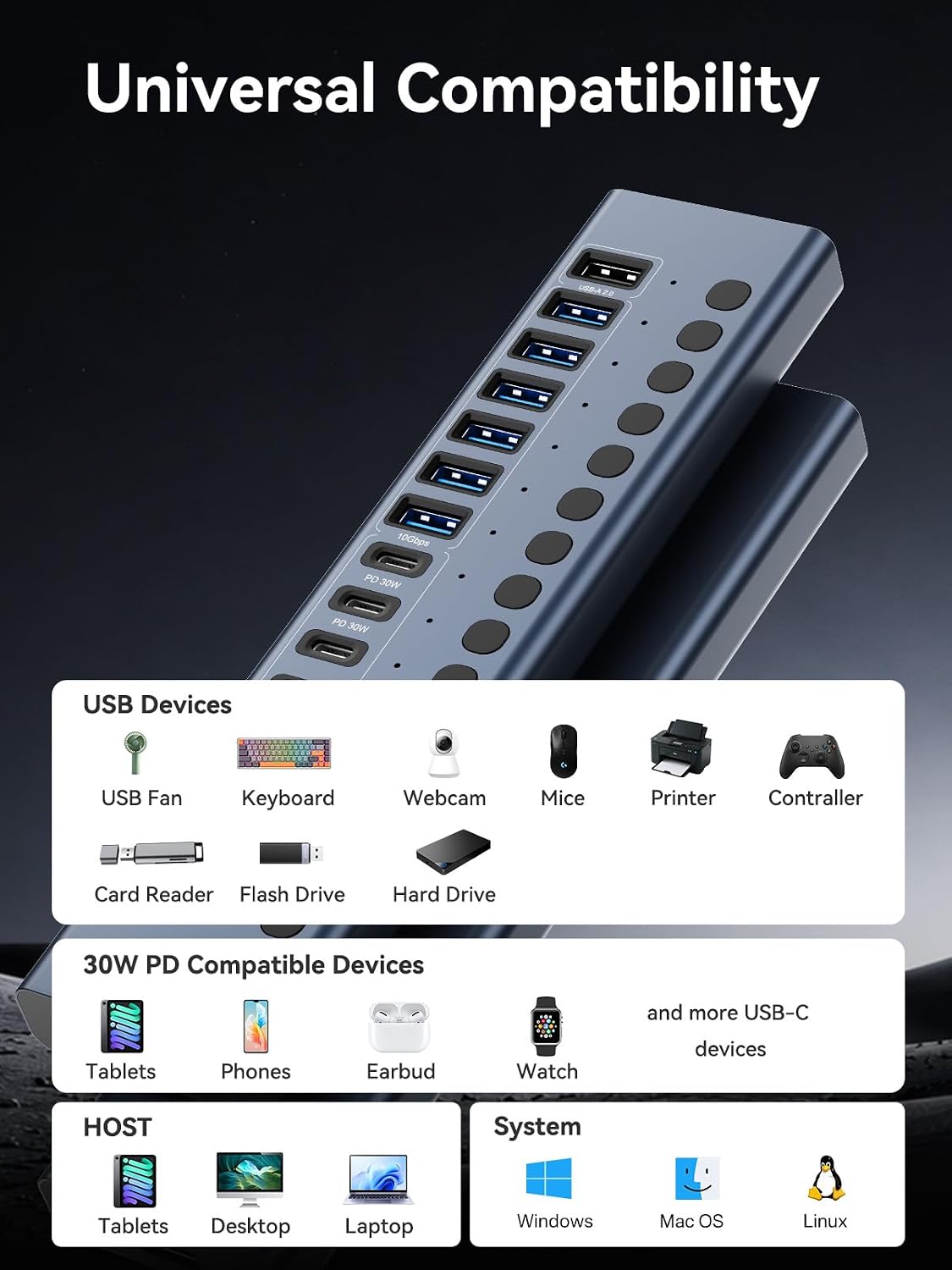 ACASIS, hub USB 3.2 de 8 puertos, alimentado