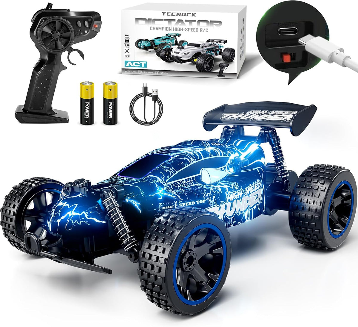 Tecnock Autos RC para niños, escala 1:18 2WD RC Car con luces LED, auto de control remoto de 2.4 GHz con USB-C fácil carga y tiempo de juego de 50 minutos, juguetes regalos para niños y niñas de 8 a 12 años