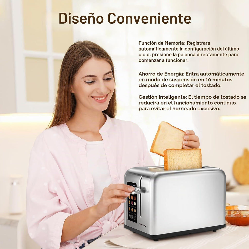 Mecity Tostadora de 2 Rebanadas con Pantalla Táctil, Ranura Ancha de 1.5", Tostadora de Pan Inteligente de Acero Inoxidable para Bagel, Muffin, Waffle, Panes Sin Gluten, Temporizador, Descongelación