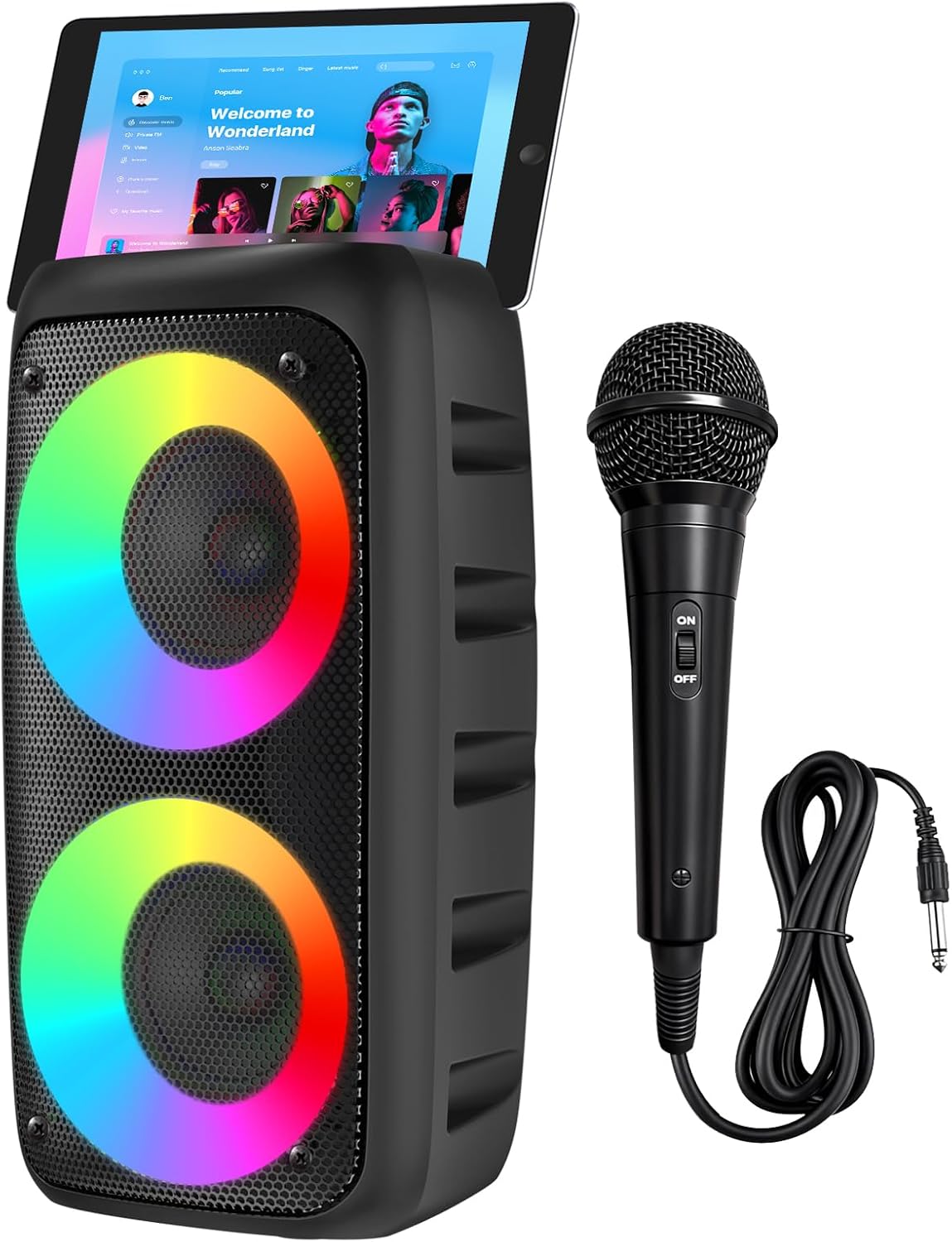 Máquina de karaoke para adultos y niños, luces LED coloridas, altavoz Bluetooth portátil con 1 micrófono con cable, soporte TWS/TF/USB/AUX para escenario de fiesta en casa, al aire libre, regalos de Navidad, al aire libre