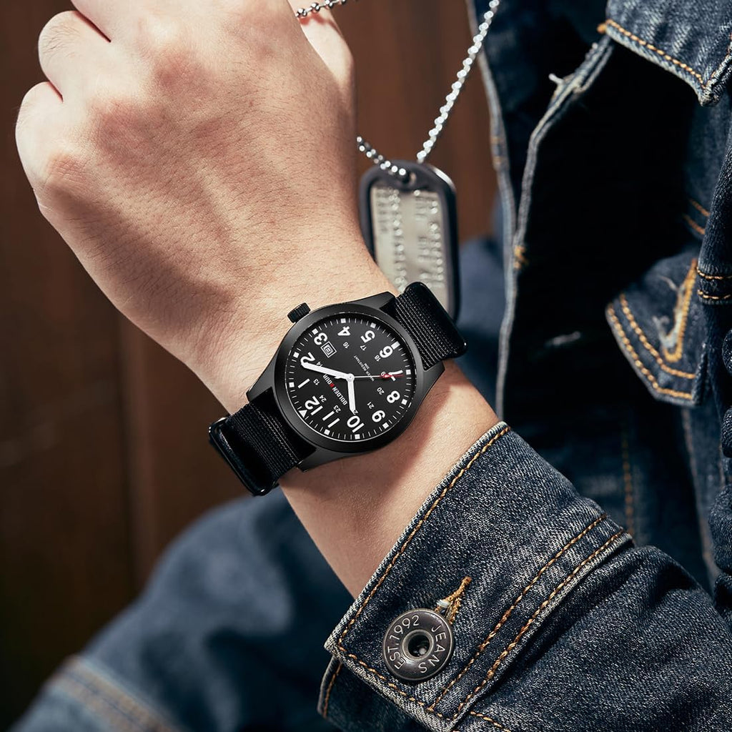 GOLDEN HOUR Reloj de hombre con correa de nailon antideslizante con esfera de hora militar de fácil lectura y manecillas luminosas
