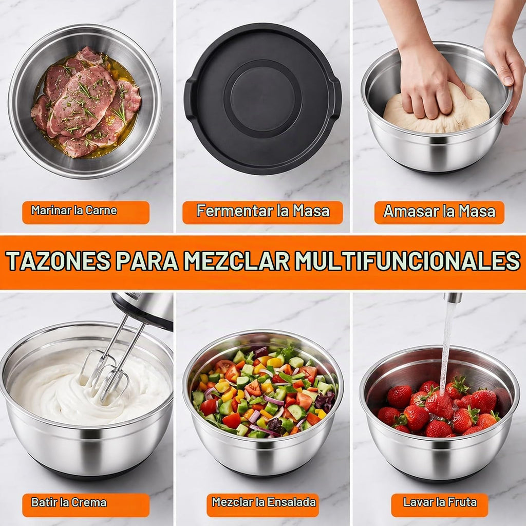 Juego de 21 tazones negros para mezclar con tapas, tamaño 4.5, 4, 3.5, 2.1, 1.5, 1.1 cuartos de galón para hornear, cuencos de acero inoxidable con base antideslizante y accesorios para