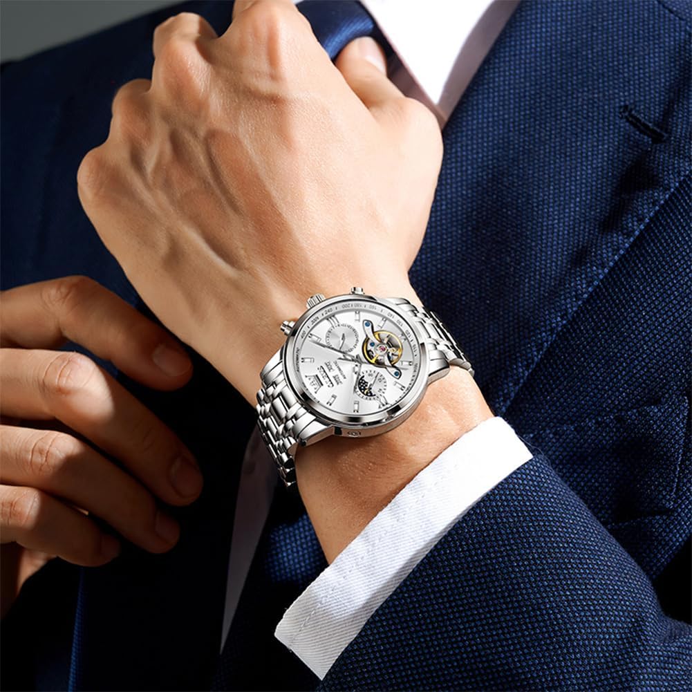 OLEVS Relojes Automáticos para Hombres Lujo Reloj Mecánico esqueleto Autoa Tono Cuerda continua Fecha a prueba de agua Luminoso Reloj para Hombres