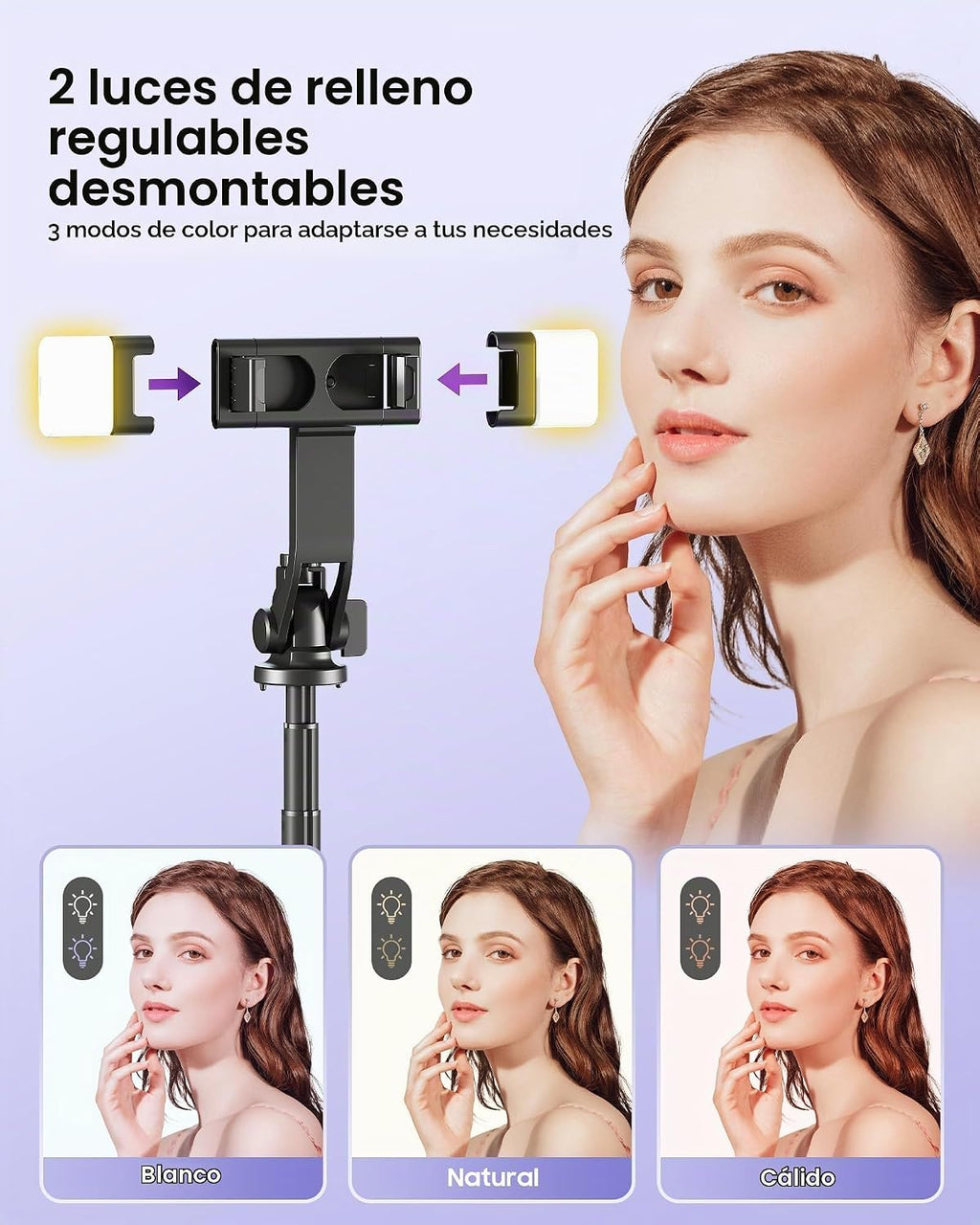 Trípode para selfie stick de 53 pulgadas con luz, soporte mejorado para teléfono celular de 4 patas, trípode para cámara con control remoto inalámbrico recargable y 2 luces de llenado, portátil
