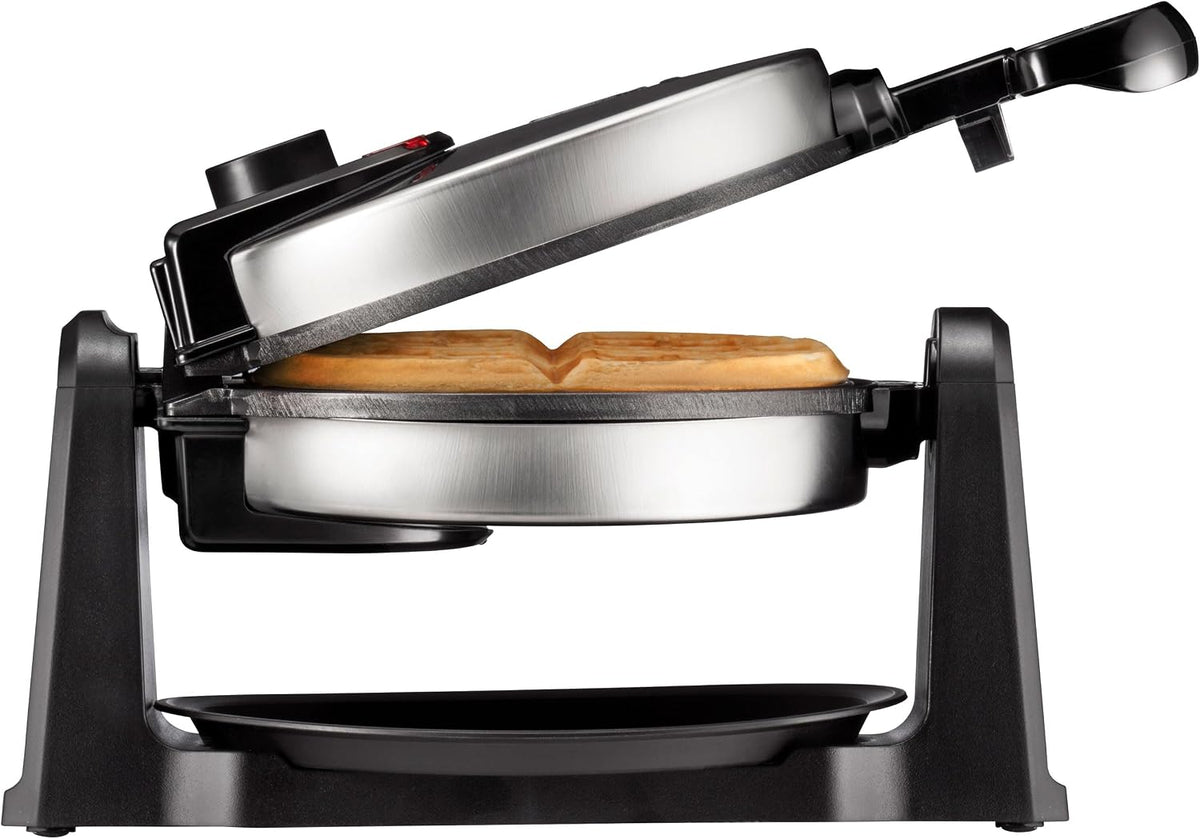 Chefman - Gofrera belga giratoria, plancha abatible de 180° con placas antiadherentes, temporizador ajustable, tapa con bloqueo y placa de goteo, almacenamiento que ahorra espacio, desayuno sin