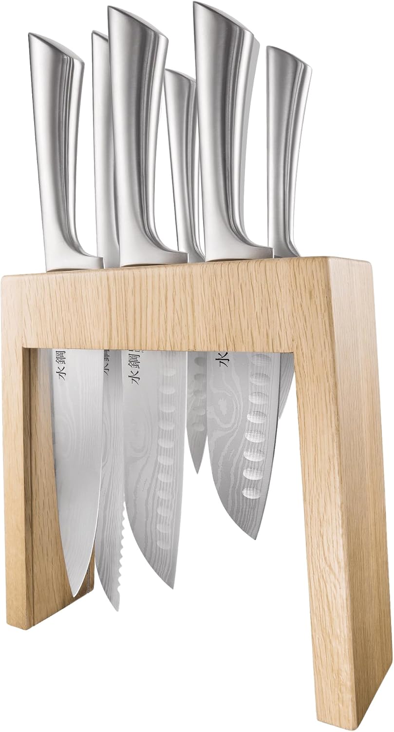 Cuisine::pro Damashiro - Bloque para cuchillos (Mizu, juego de 7 piezas) – Juego de cuchillos japoneses con soporte de vidrio, cuchillas afiladas de afeitar, diseño inspirado en Damasco