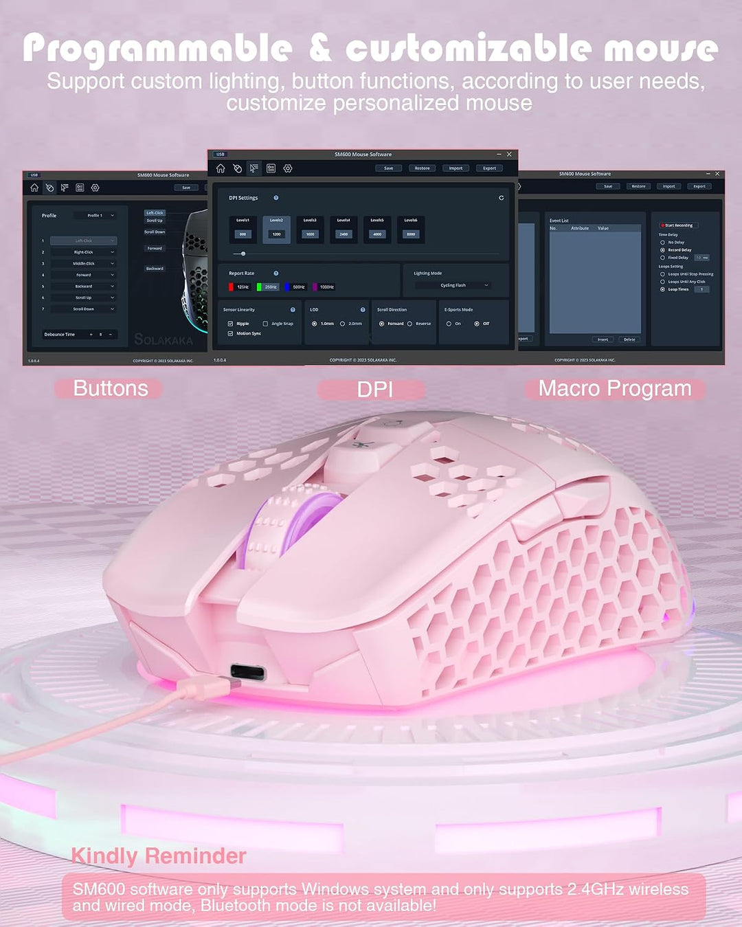 SOLAKAKA SM600 - Mouse inalámbrico rosa para juegos con carcasa de...