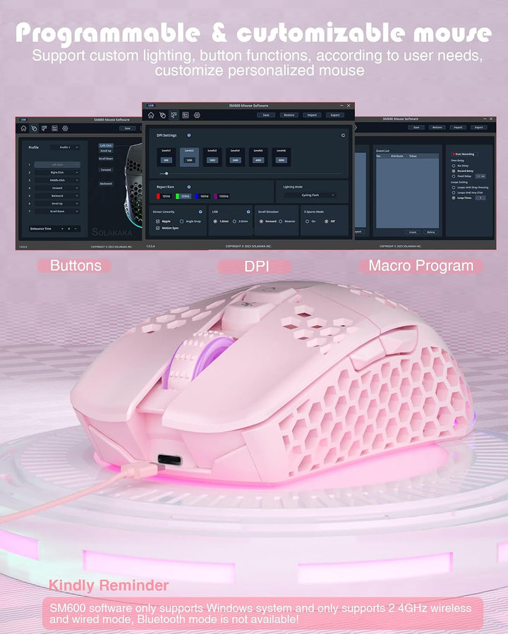 SOLAKAKA SM600 - Mouse inalámbrico rosa para juegos con carcasa de...