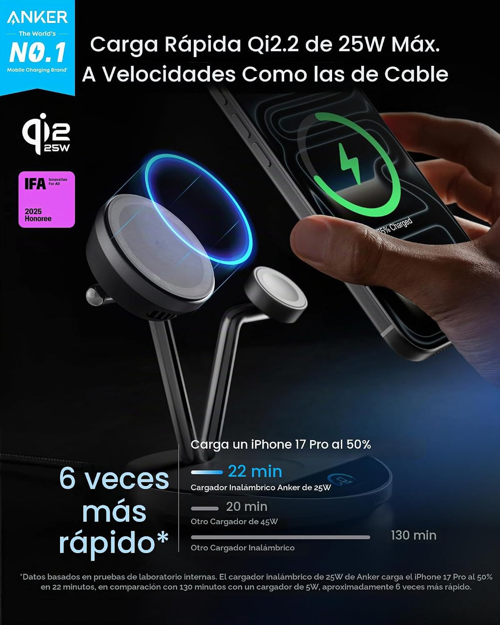 Estación de carga inalámbrica 3 en 1 Qi2.2 MagSafe compatible con 25 W de Anker Prime