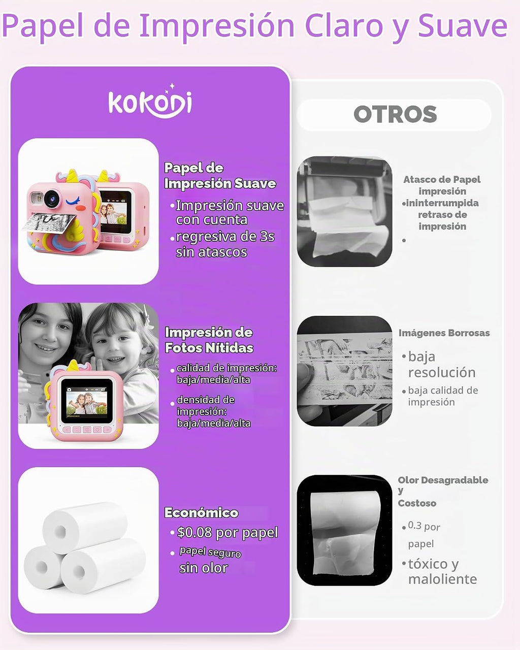 KOKODI Cámara de impresión instantánea para niños, cámaras para niños pequeños, regalos de cumpleaños de Navidad para niñas de 3 a 12 años, cámara de video digital imprimible instantánea para niños, juguetes para niñas de 5 a 7 años (rosa)