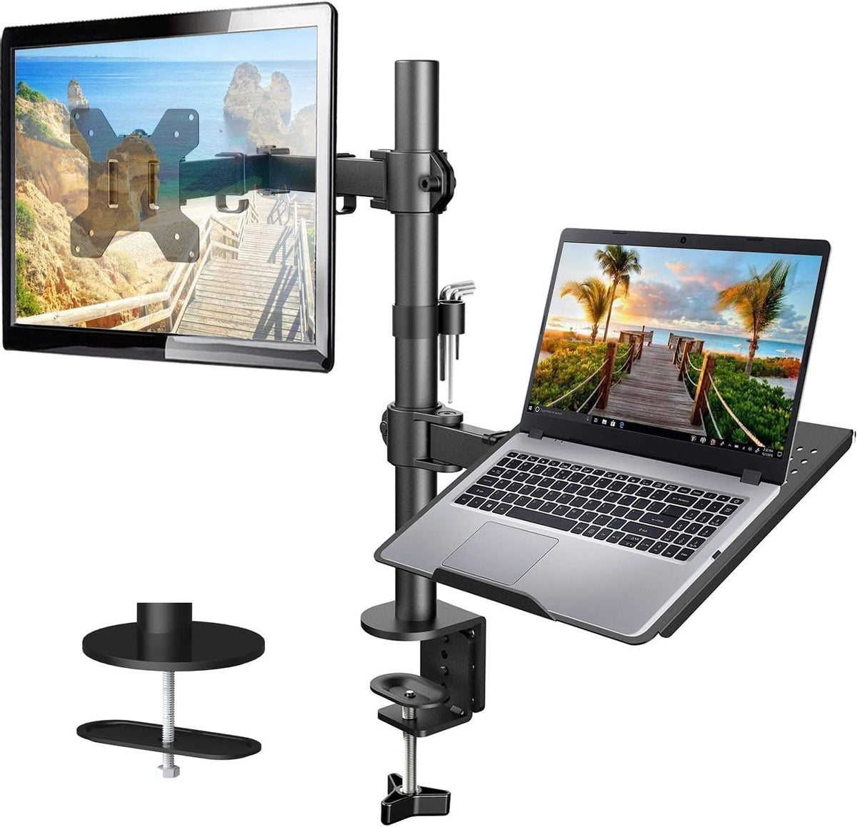 HUANUO - Brazo ajustable para monitor con bandeja para laptop, soporte de escritorio individual para monitores VESA de 13 a 32 pulgadas de hasta 22 libras, bandeja para laptop de 14 x 12 pulgadas