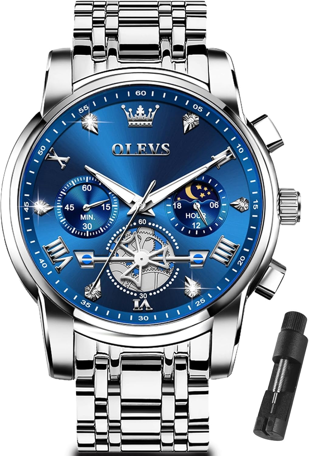 OLEVS Relojes para hombres Luxurious vestimenta acero inoxidable resistente al agua cronógrafo