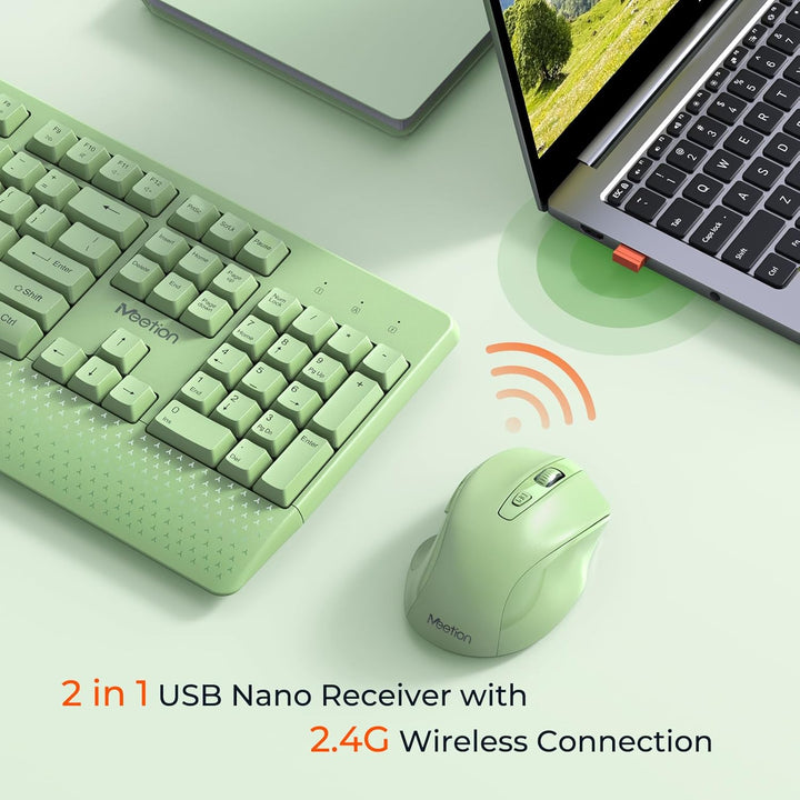 MEETION Teclado y mouse inalámbricos verdes, receptor USB de 2.4 G...