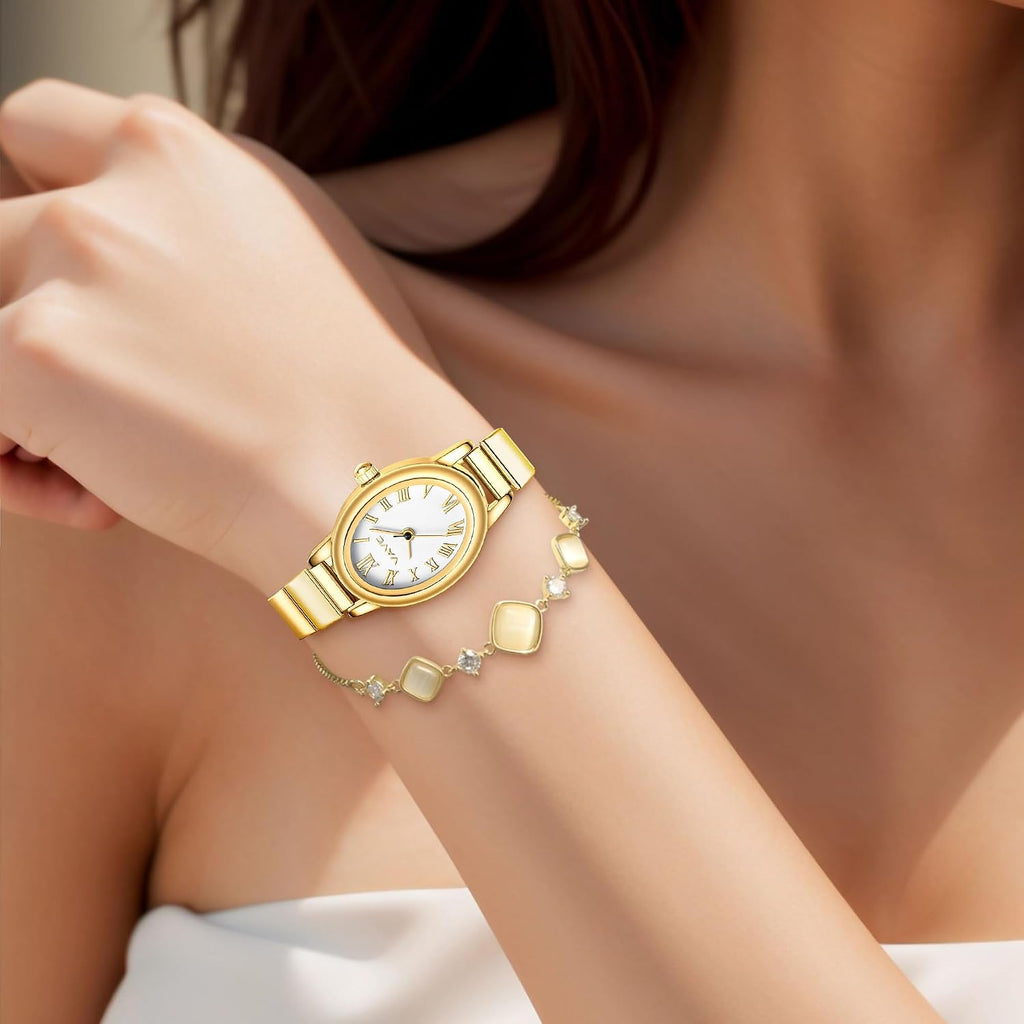Relojes pequeños de oro para mujer, reloj analógico para mujer con banda de expansión de acero inoxidable, esfera romana ovalada, resistente al agua