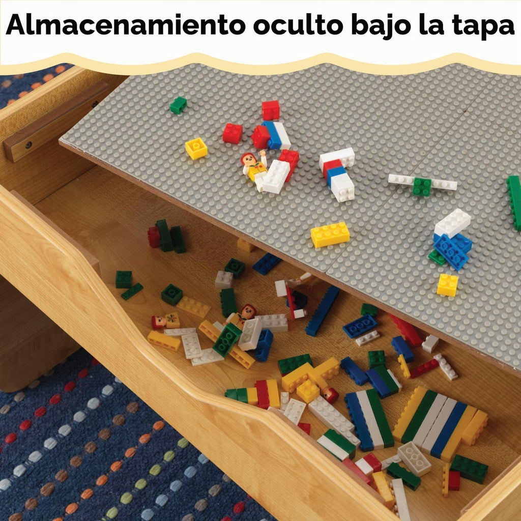 KidKraft Mesa de actividades reversible de madera con tabla con 195 ladrillos de construcción, gris y natural, regalo para mayores de 3 años